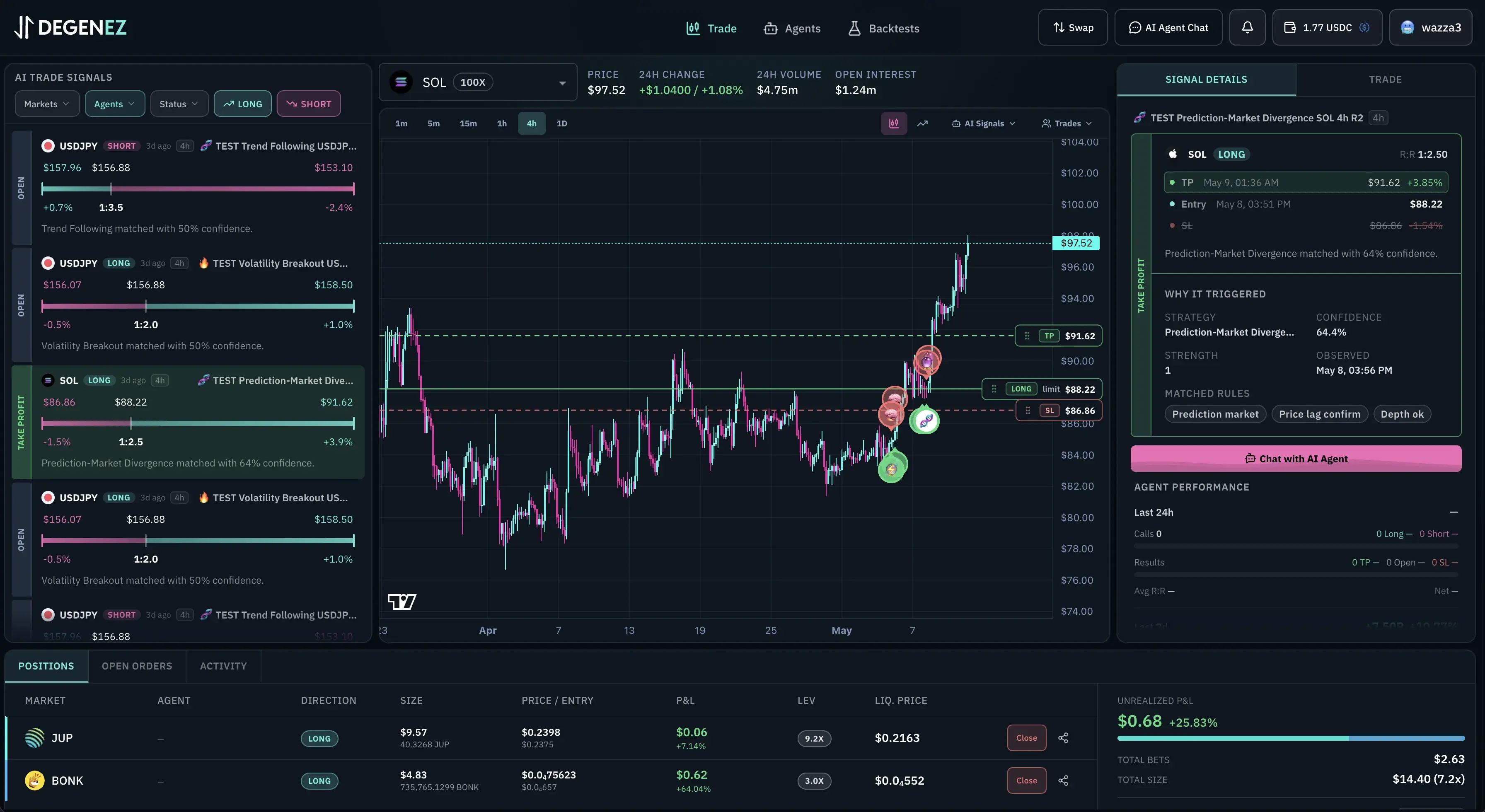 DegenEZ trading app with signals, chart, and trade panel