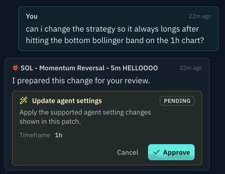 Agent chat view with proposed strategy-setting update and approval actions.