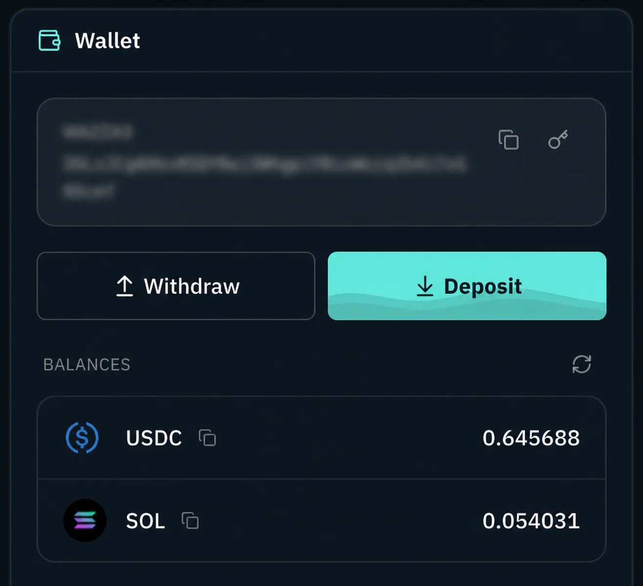 Wallet balances view with deposit and withdraw actions for an isolated trading wallet.
