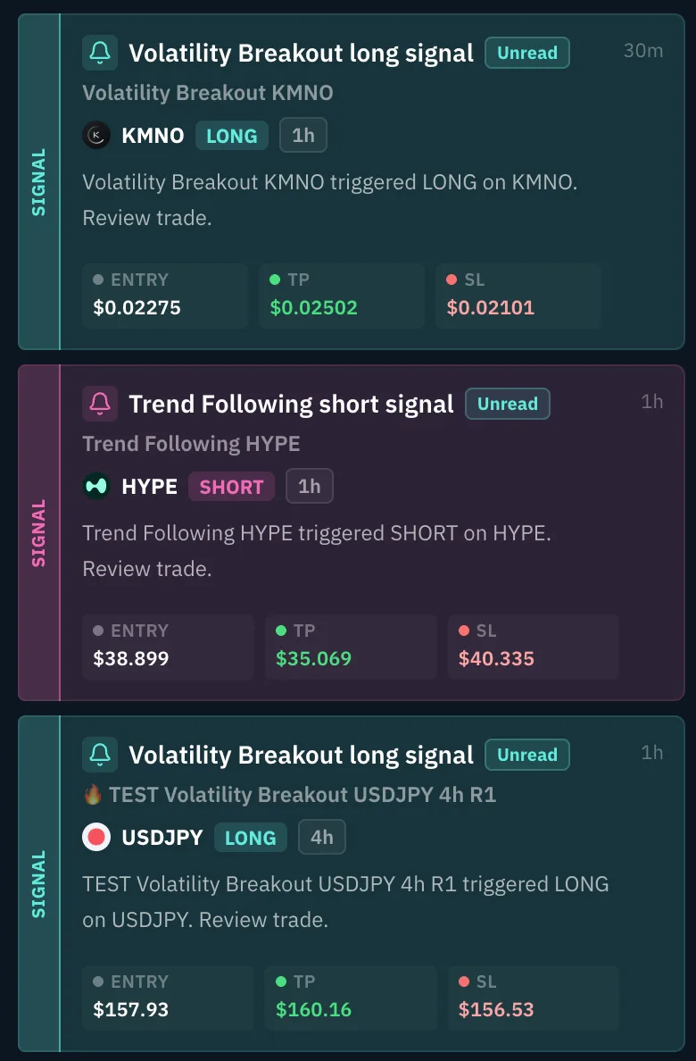 Signal notification cards showing long and short alerts without automated execution.