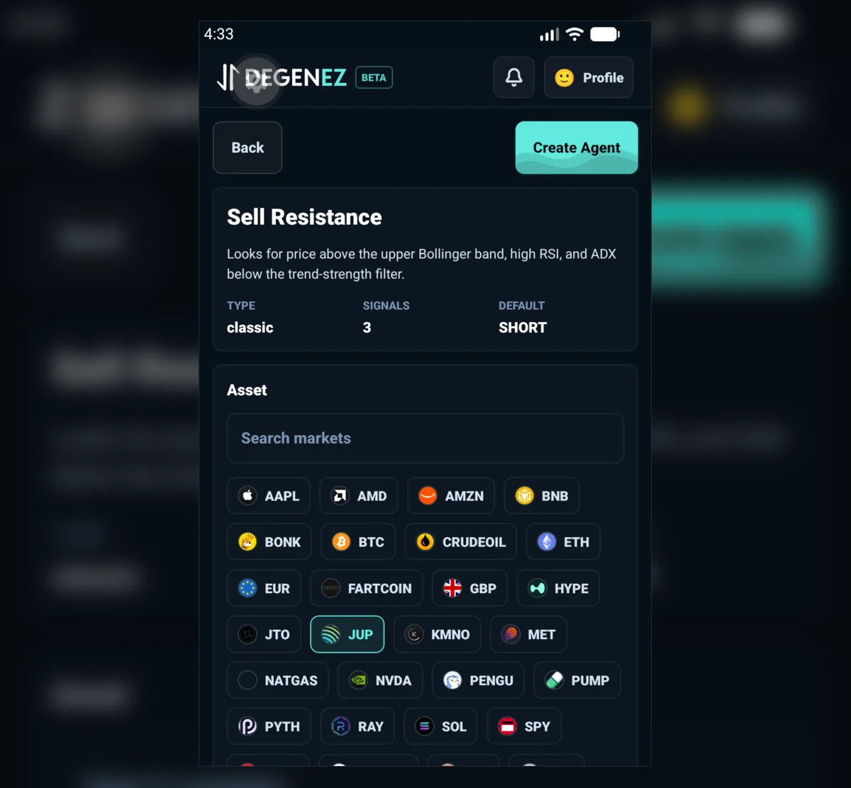Solana Seeker mobile DegenEZ agent creation screen with market selection controls.